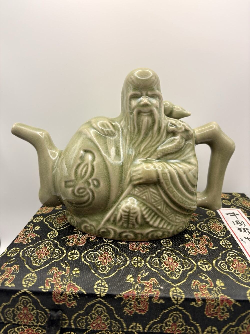 Chinese Assassins Ceramic Teapot Buddha Celadon Green One Pot Three Drinks